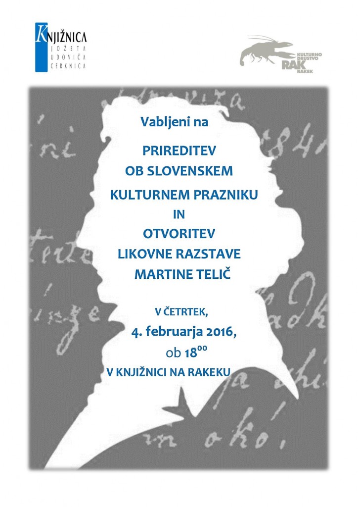 vabilo page 001 724x1024 - Prireditev ob slovenskem kulturnem prazniku in otvoritev likovne razstave Martine Telič