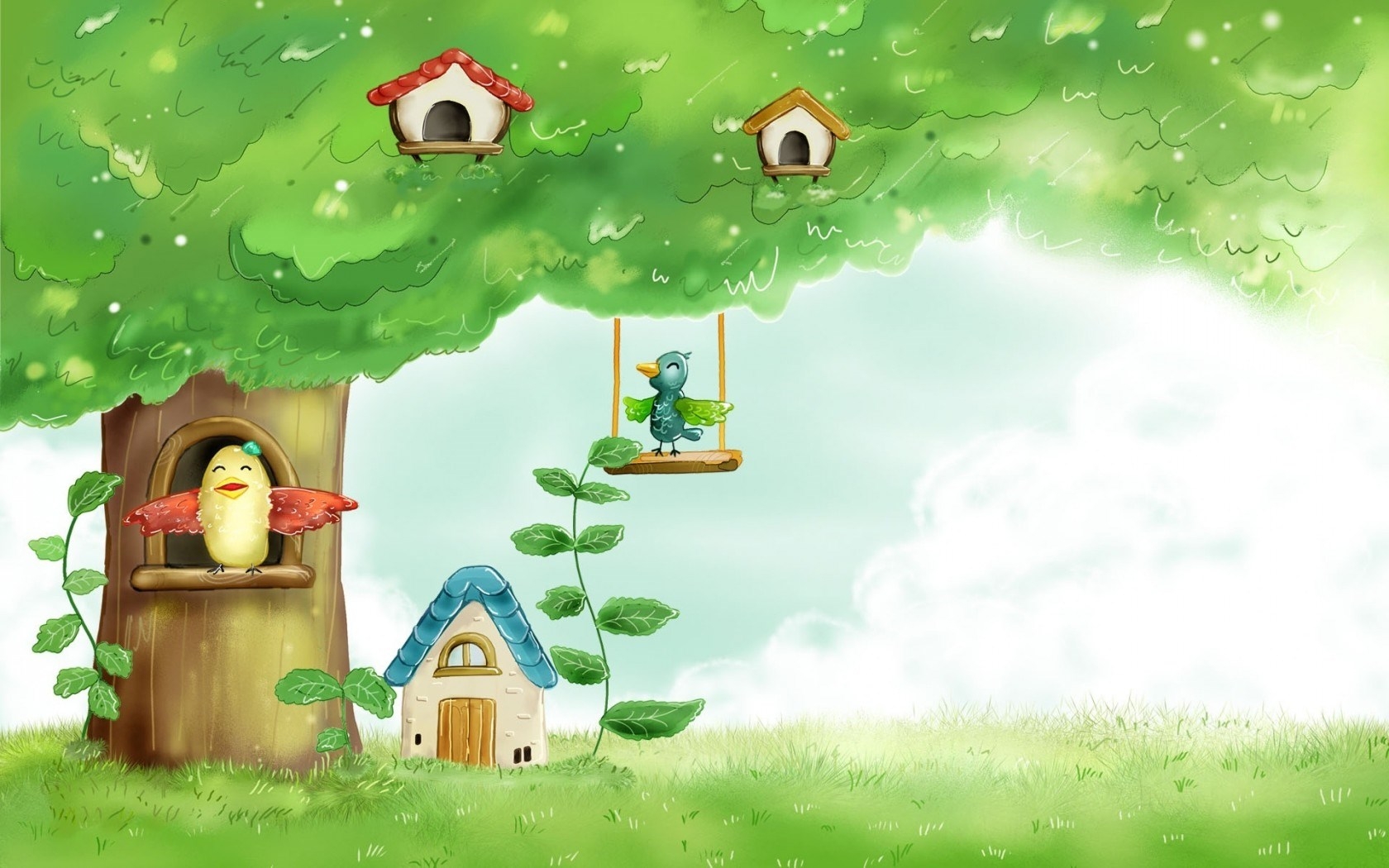 birds houses tree leaves fairy tale childhood grass drawing painting hd wallpaper - Dogodki
