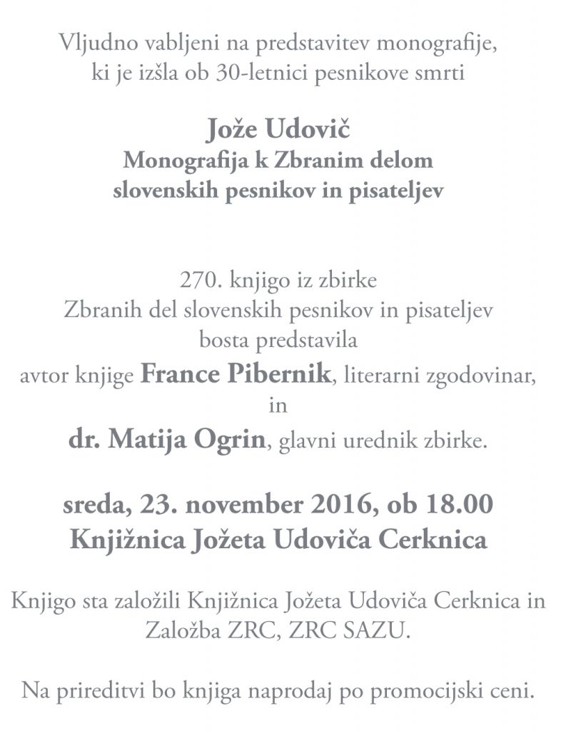 vabilo2 786x1024 - France Pibernik: Jože Udovič - monografija ob 30-obletnici smrti