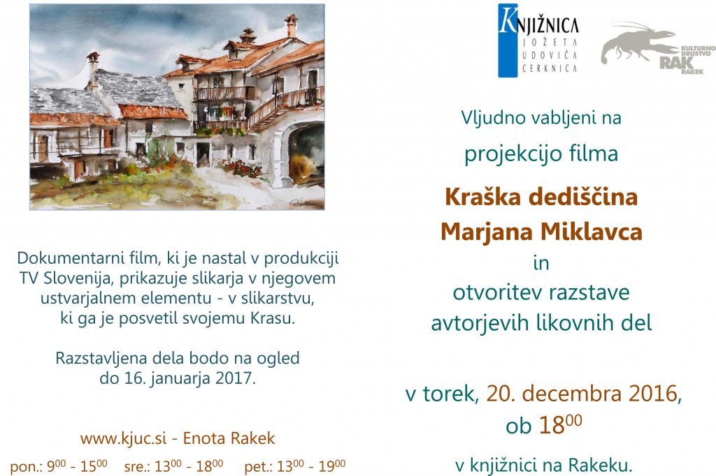 vabilo 1024x682 - Kraška dediščina Marjana Miklavca - projekcija filma in otvoritev razstave avtorjevih likovnih del