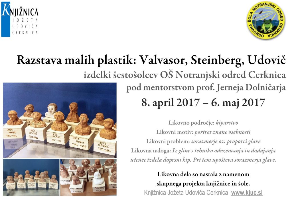 Razstava malih plastik vabilo 1024x701 - Razstava malih plastik: Valvasor, Steinberg, Udovič - izdelki šestošolcev OŠ Cerknica pod mentorstvom prof. Jerneja Dolničarja