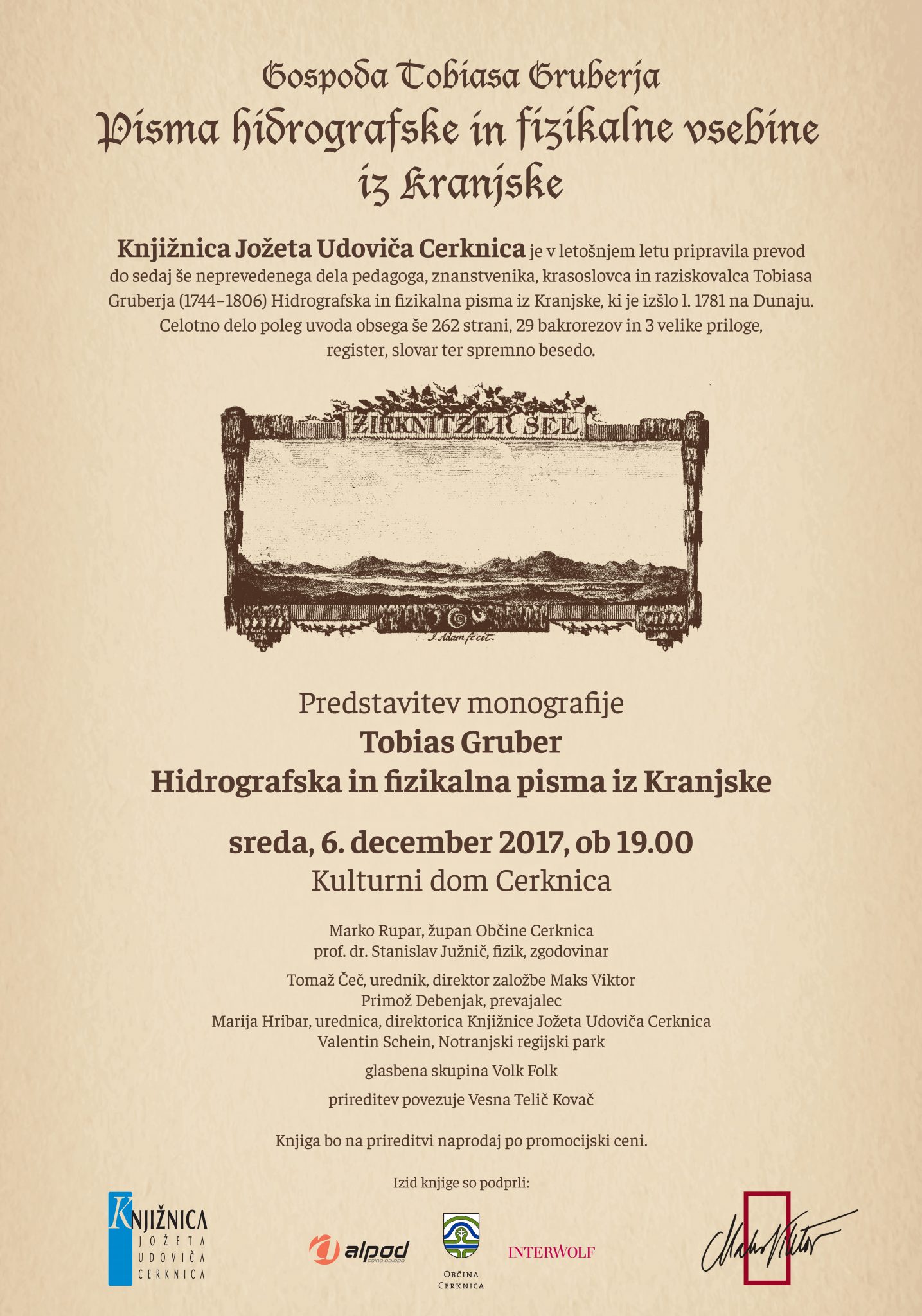 plakat končni - Tobias Gruber: Hidrografska in fizikalna pisma iz Kranjske - predstavitev monografije