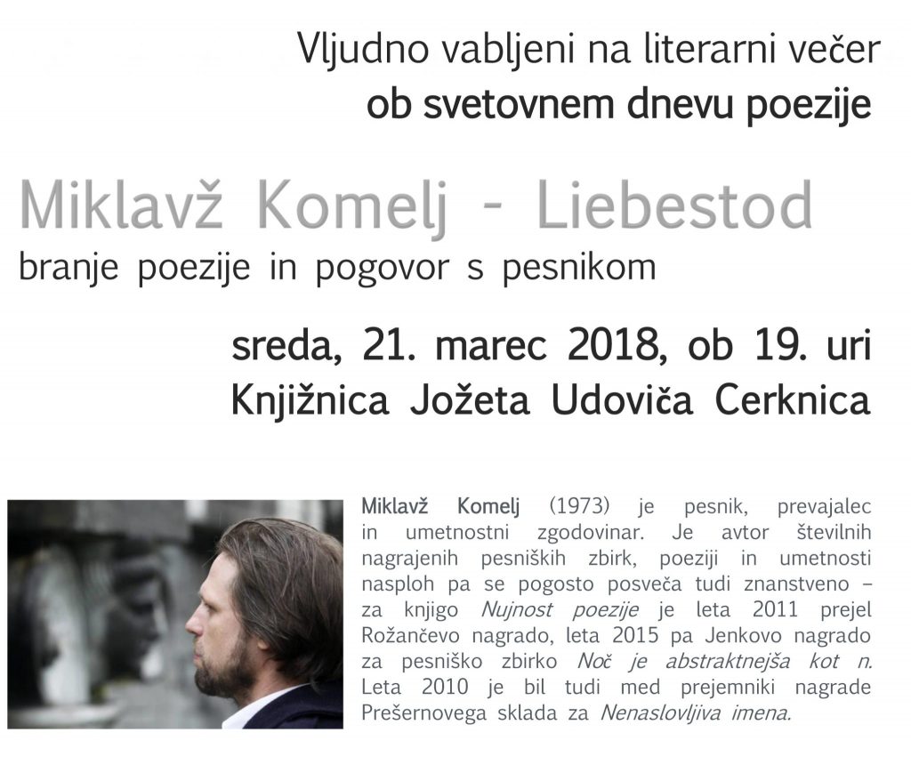 vabilo 1024x851 - Miklavž Komelj: Liebestod - literarni večer ob svetovnem dnevu poezije