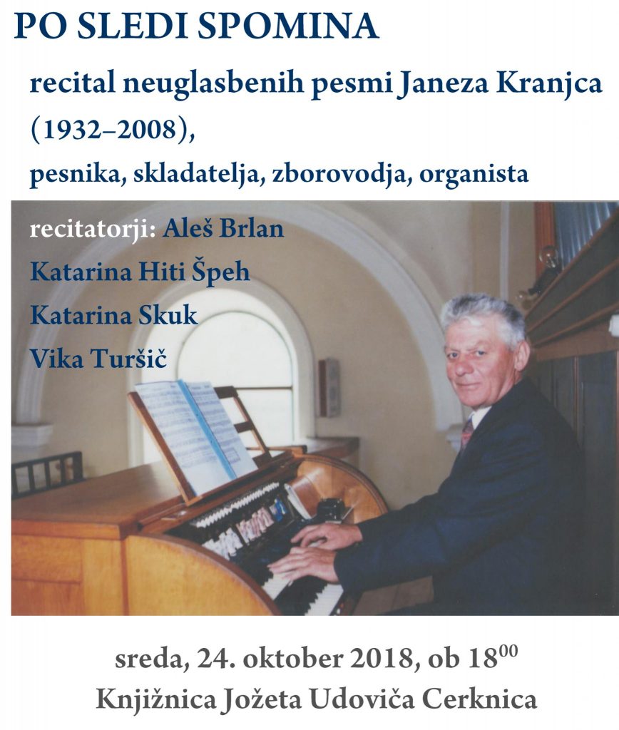 Vabilo Kranjec Janez 868x1024 - Recital neuglasbenih pesmi Janeza Kranjca - Po sledi spomina