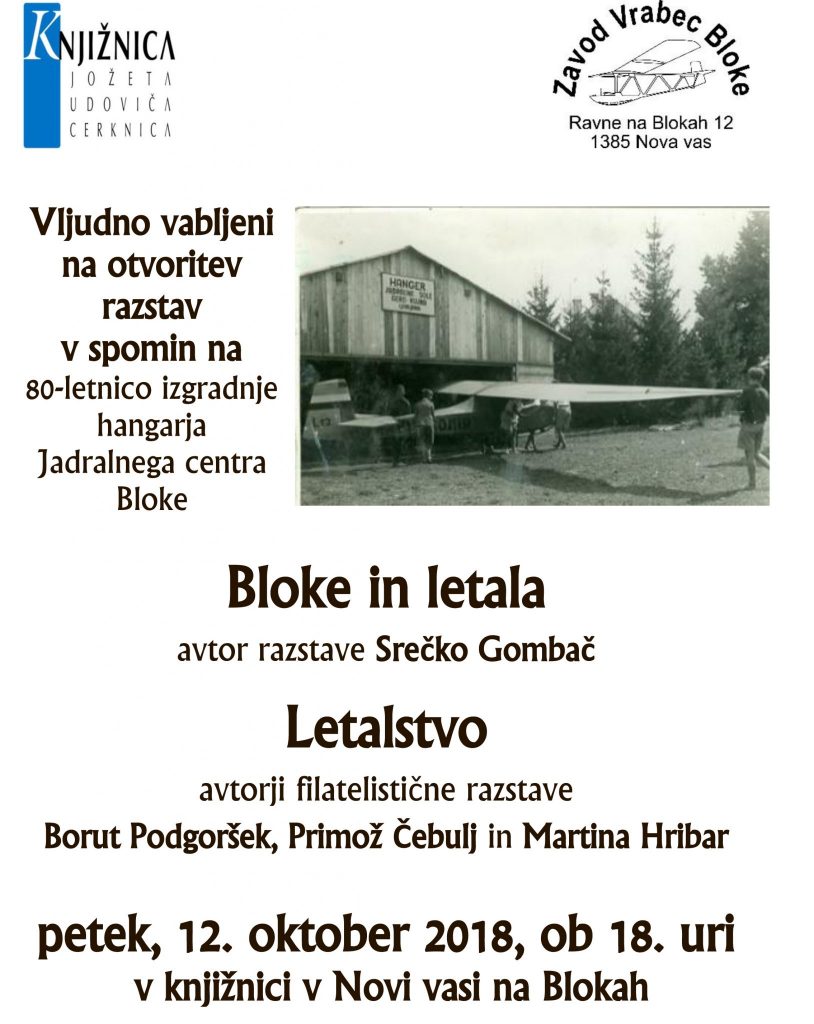 vabilo hangar 814x1024 - Otvoritev razstav v spomin na 80-letnico izgradnje hangarja Jadralnega centra Bloke