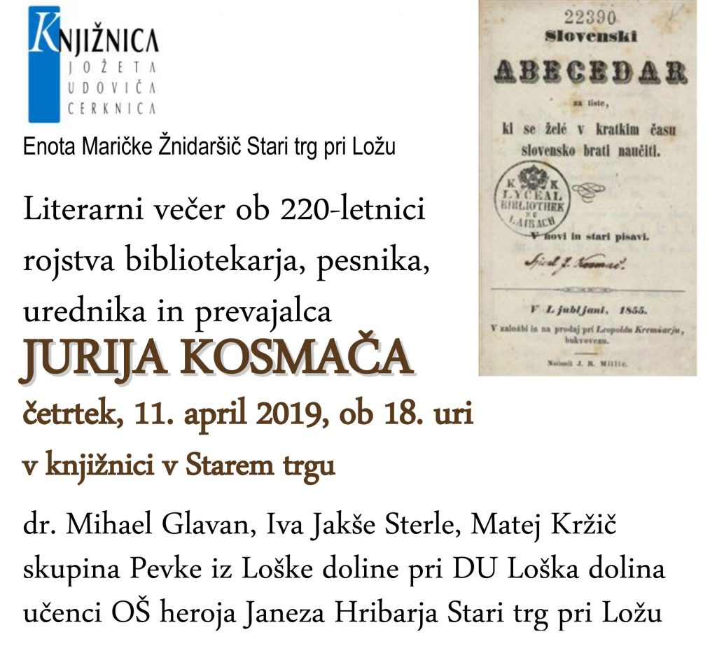 Kosmač 1024x923 - Jurij Kosmač - literarni večer ob 220-letnici rojstva bibliotekarja, pesnika, urednika in prevajalca