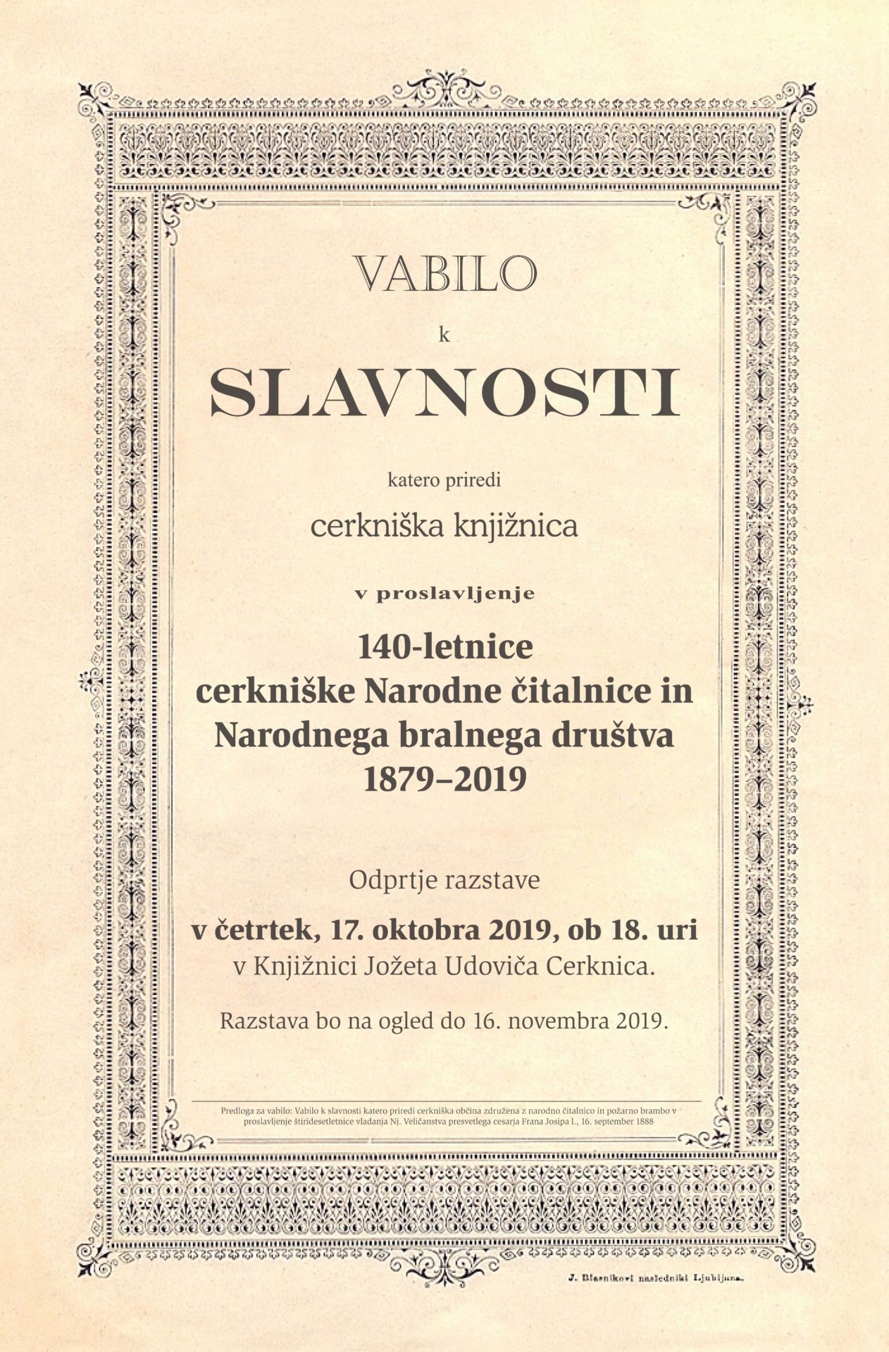 plakat web - 140-letnica cerkniške Narodne čitalnice in Narodnega bralnega društva 1879‒2019 - odprtje razstave