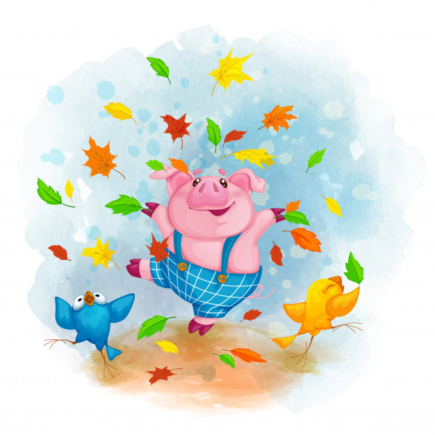 cheerful pig birds dancing throwing autumn leaves 69317 374 - Dogodki