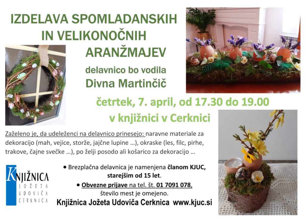 vabilo delavnica Divna april 2022 1024x732 - Delavnica izdelave spomladanskih in velikonočnih aranžmajev - mentorica Divna Martinčič