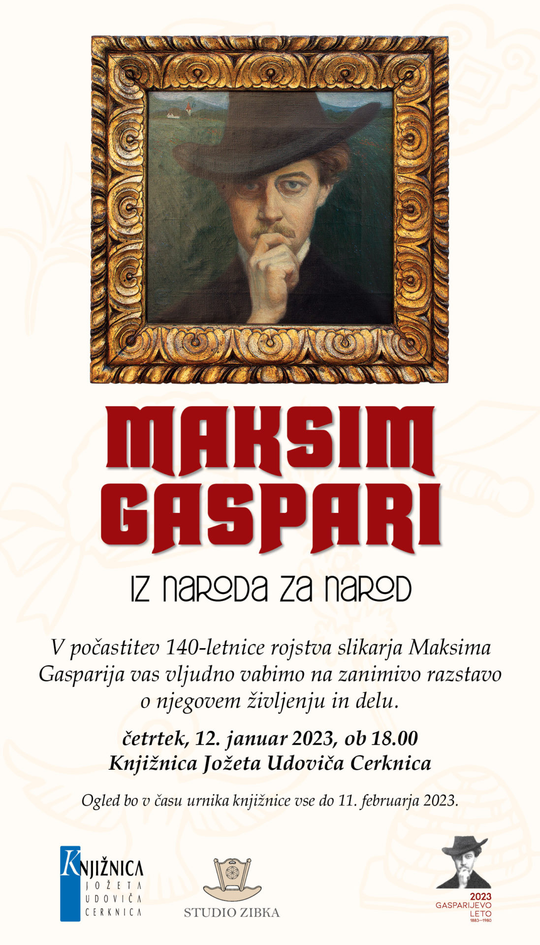 Vabilo na razstavo Maksim Gaspari - Maksim Gaspari: Iz naroda za narod - razstava v počastitev 140-letnice rojstva