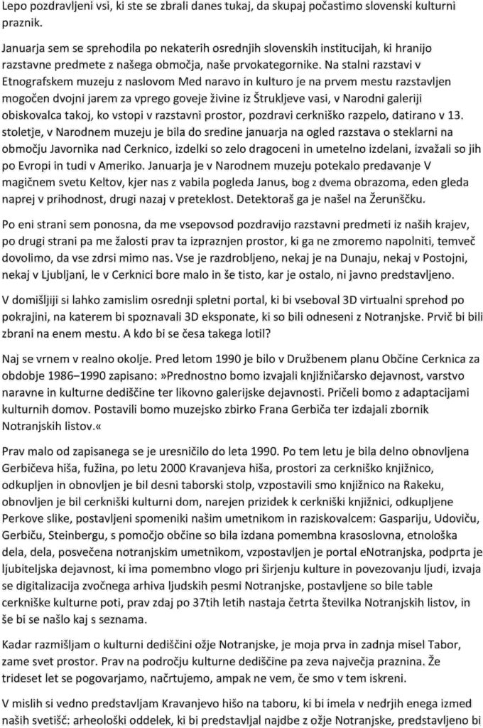 Presernov dan govor Marija Hribar page 001 680x1024 - Govor Marije Hribar, prebran na osrednji prireditvi ob slovenskem kulturnem prazniku v Kulturnem domu Cerknica 7. februarja 2023