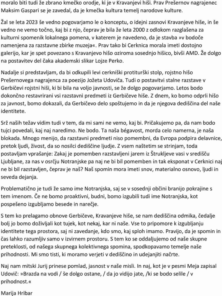 Presernov dan govor Marija Hribar page 002 770x1024 - Govor Marije Hribar, prebran na osrednji prireditvi ob slovenskem kulturnem prazniku v Kulturnem domu Cerknica 7. februarja 2023