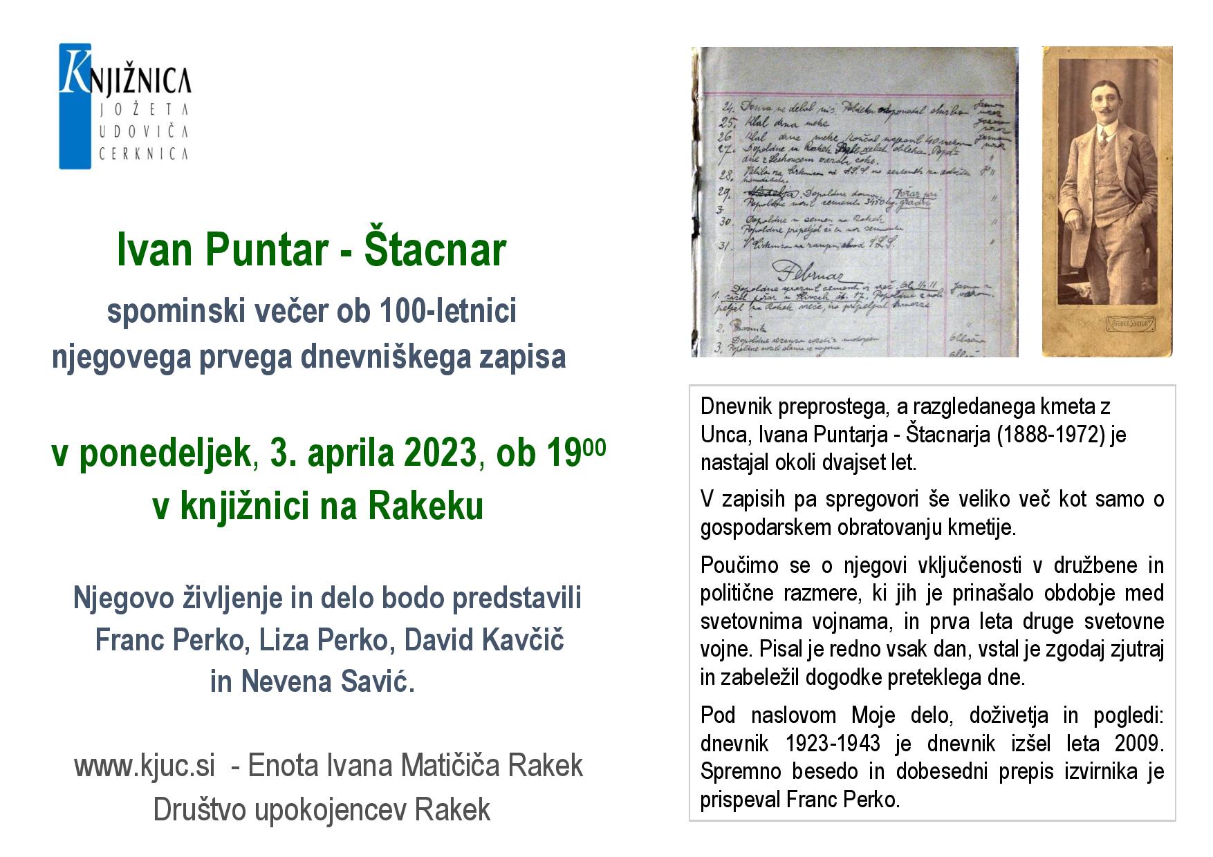 vabilo Stacnar page 001 - Ivan Puntar - Štacnar - spominski večer ob 100-letnici njegovega prvega dnevniškega zapisa