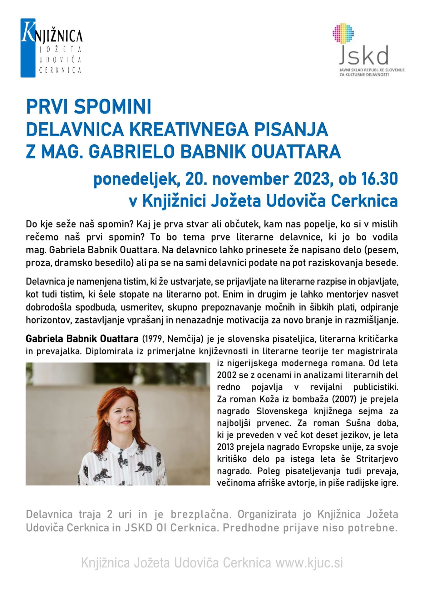 Prvi spomini - delavnica kreativnega pisanja z mag. Gabrielo Babnik Ouattara