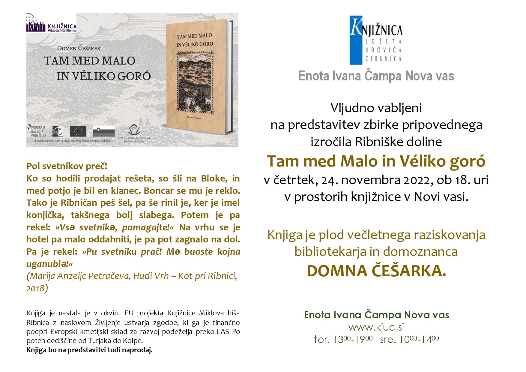 Predstavitev knjige Domna Češarka - Tam med Malo in Véliko goró