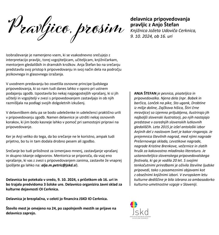 Prestavljeno na 23. 10. - Pravljico, prosim - delavnica pripovedovanja pravljic z Anjo Štefan