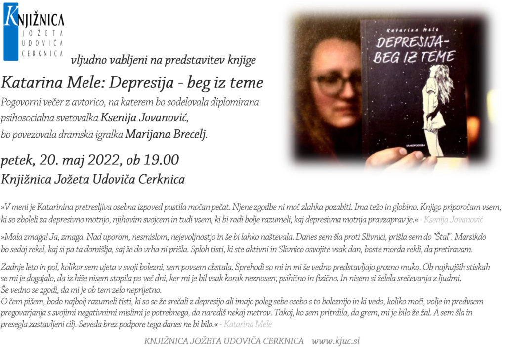 Katarina Mele: Depresija - beg iz teme - predstavitev knjige in pogovor z avtorico