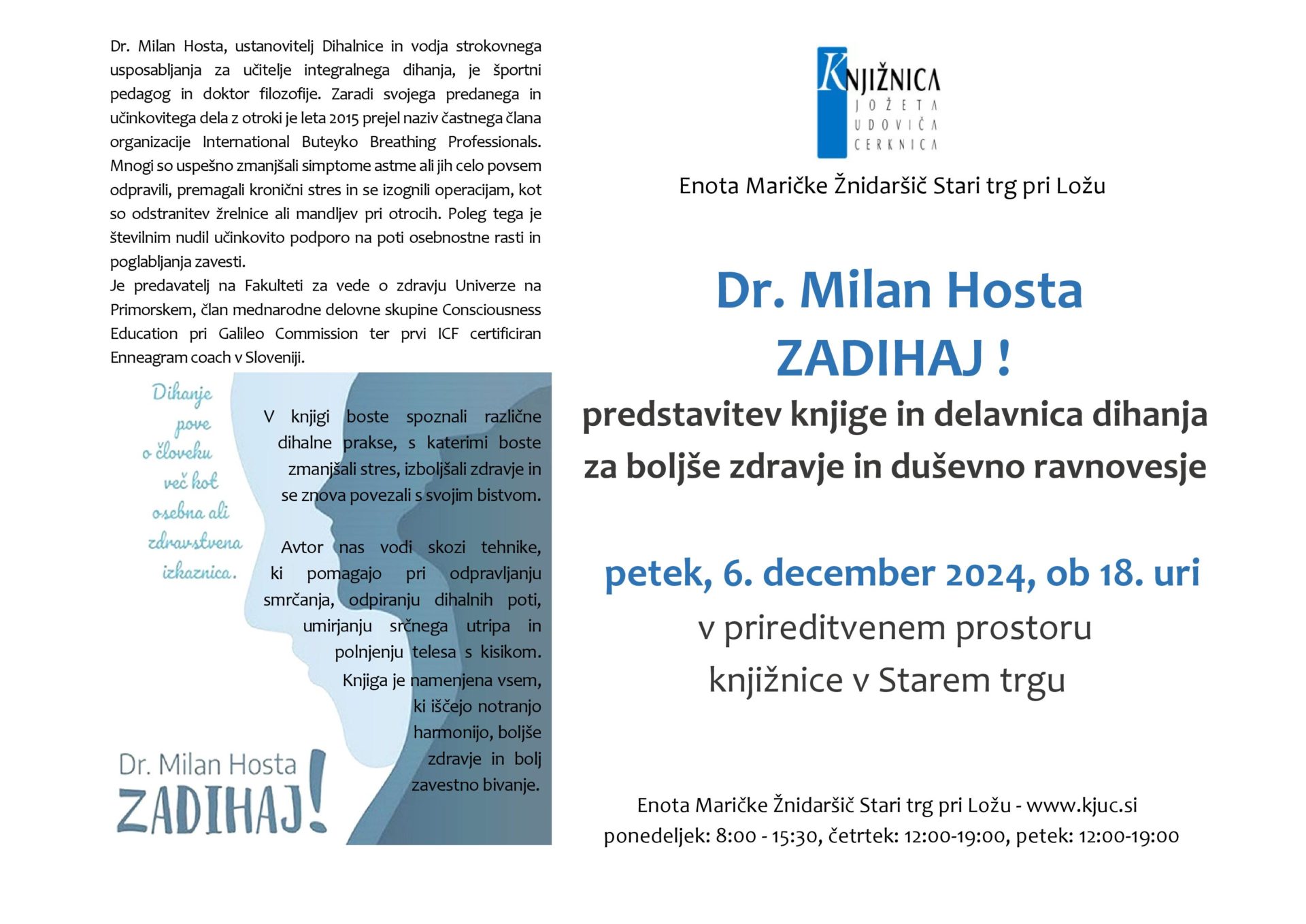 Milan Hosta: Zadihaj! - predstavitev knjige in delavnica dihanja za boljše zdravje in duševno ravnovesje
