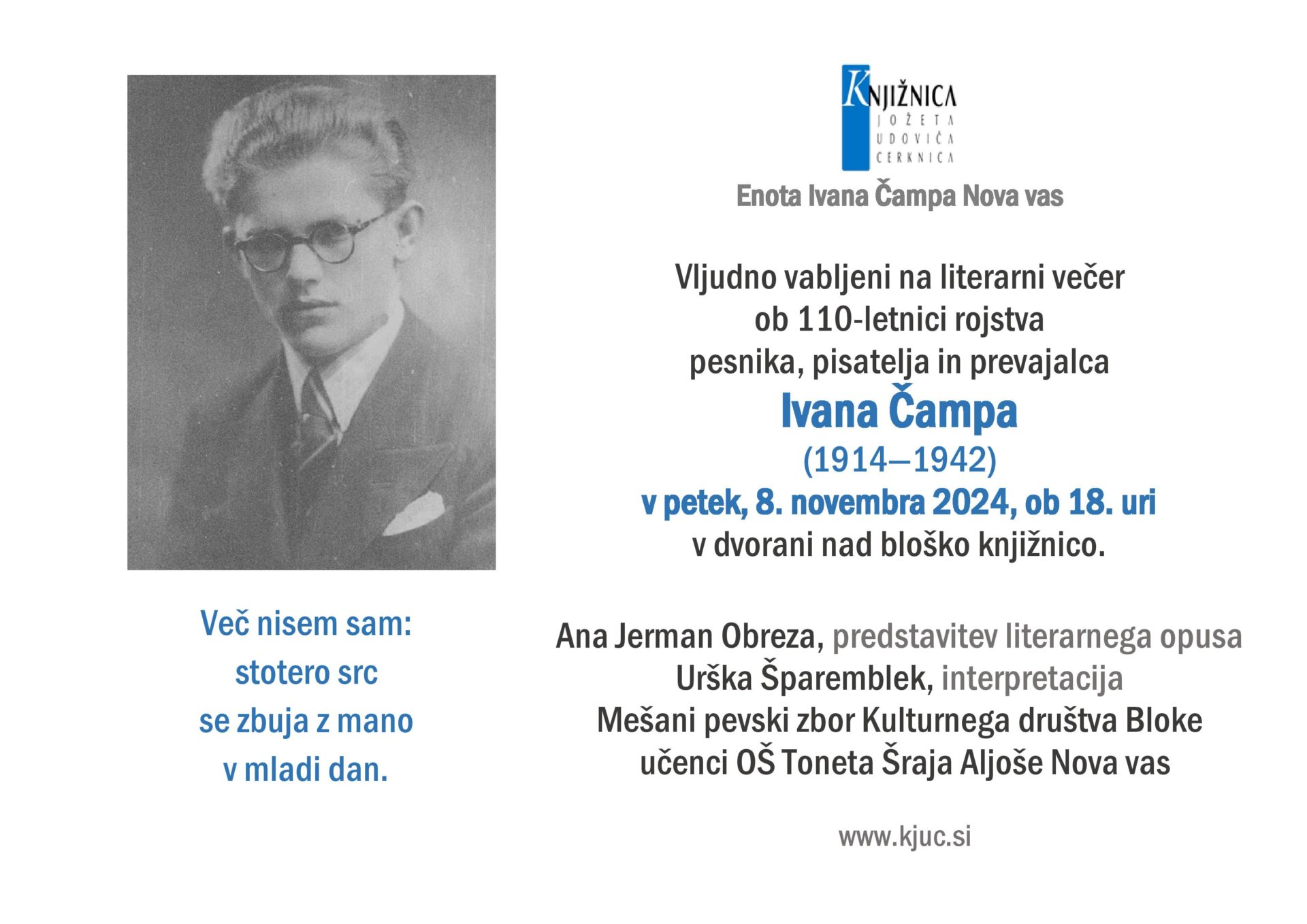 Literarni večer ob 110-letnici rojstva pesnika, pisatelja in prevajalca Ivana Čampa