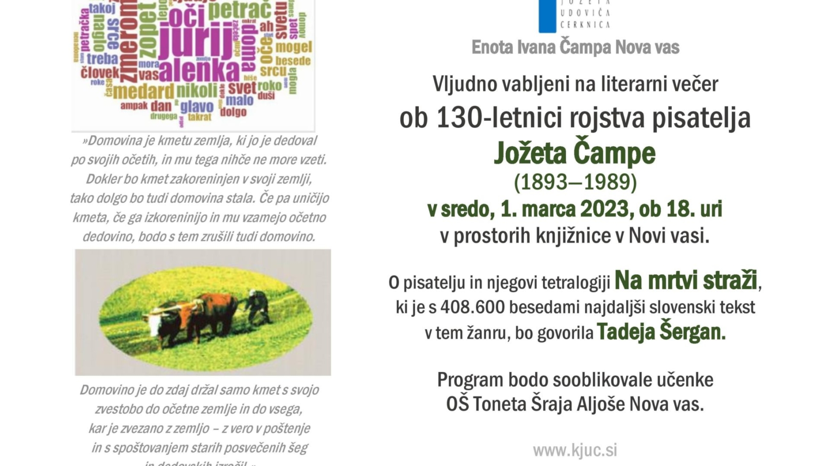 Literarni večer ob 130-letnici rojstva pisatelja Jožeta Čampe