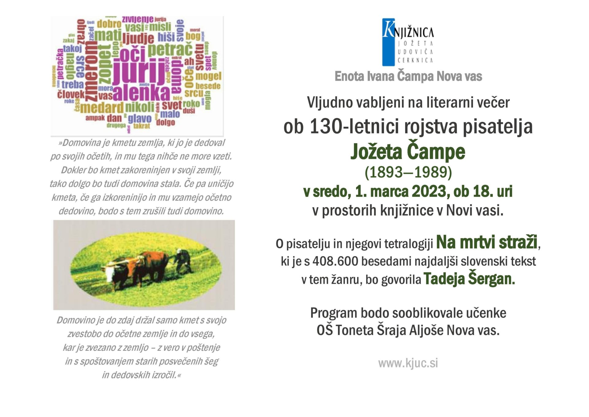 Literarni večer ob 130-letnici rojstva pisatelja Jožeta Čampe