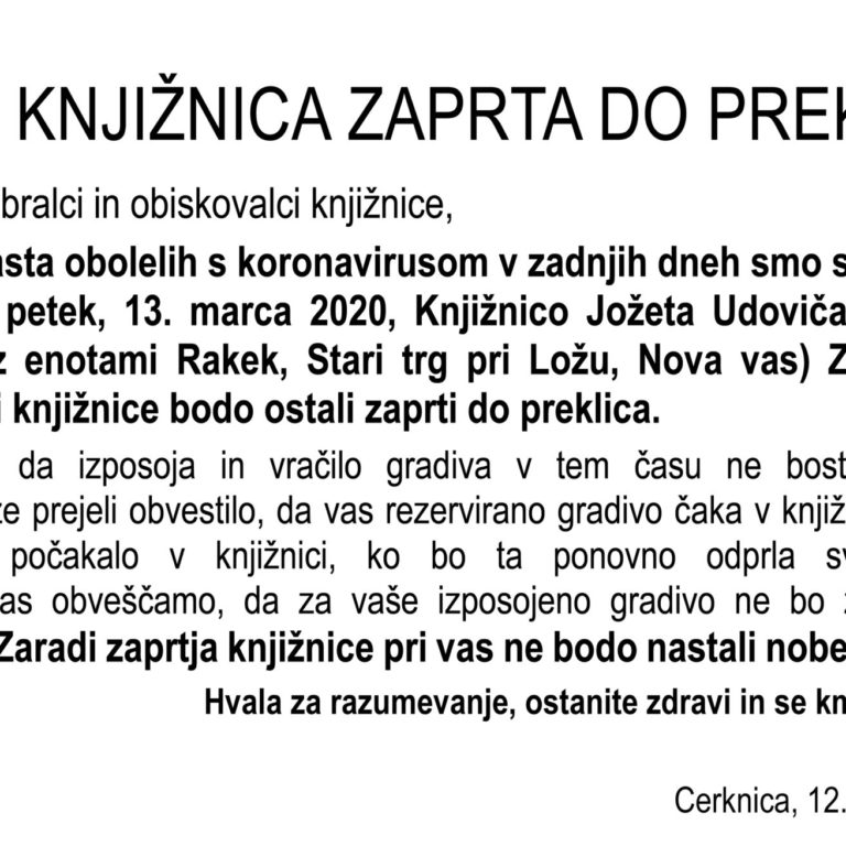 KNJIŽNICA ZAPRTA DO PREKLICA