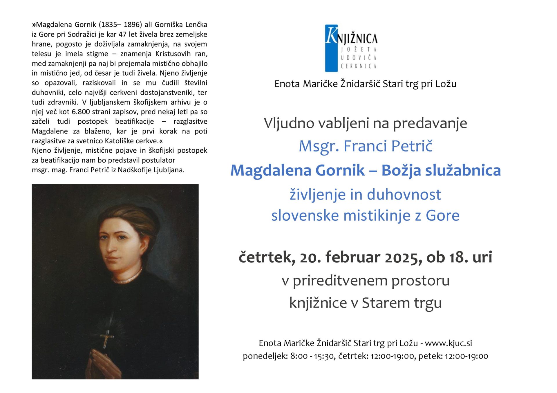 Msgr. Franci Petrič: Magdalena Gornik – Božja služabnica: življenje in duhovnost slovenske mistikinje z Gore