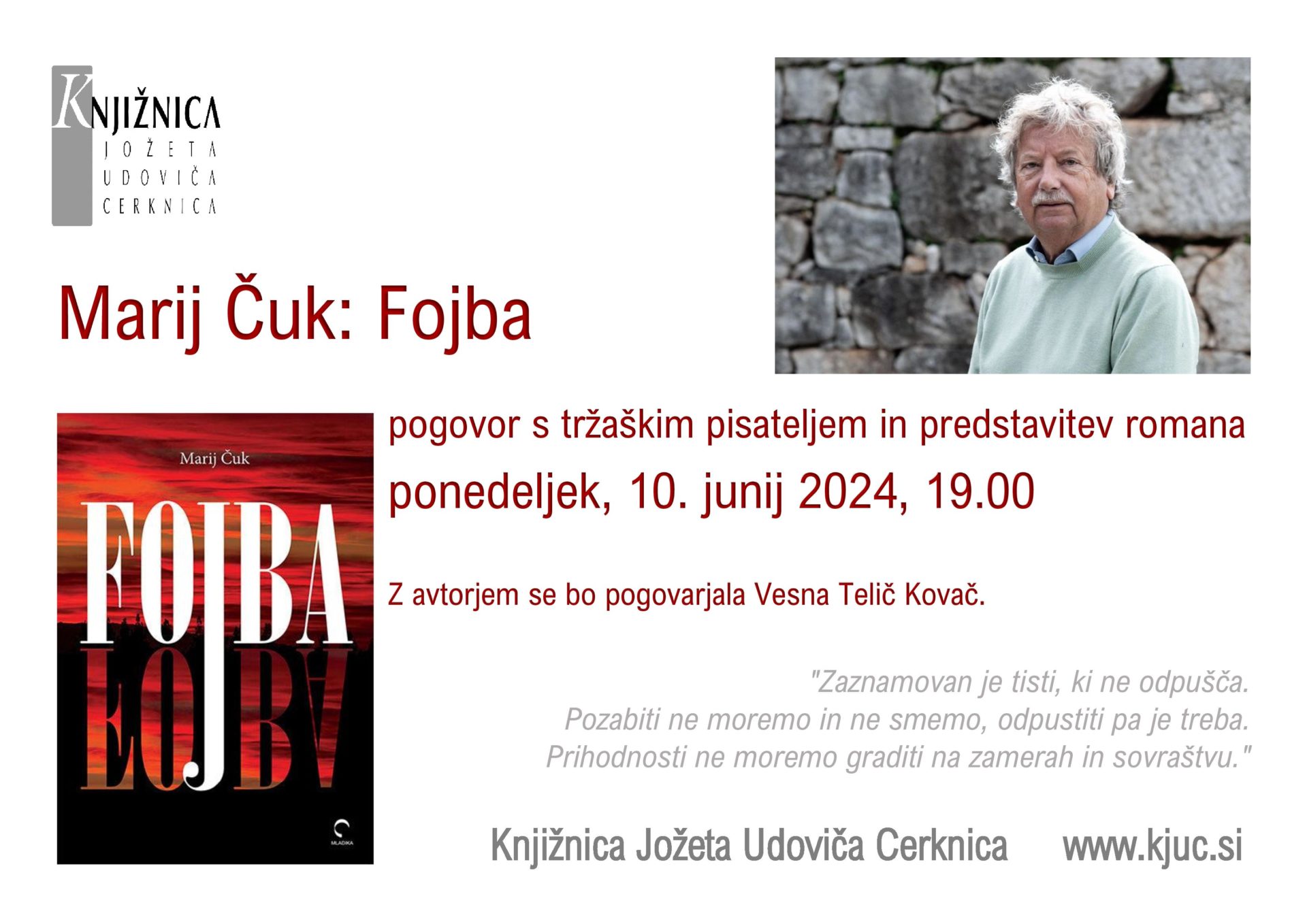 Marij Čuk: Fojba - pogovor s tržaškim pisateljem in predstavitev romana