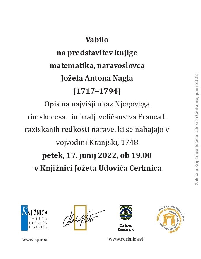 Predstavitev knjige matematika, naravoslovca Jožefa Antona Nagla (1717 - 1794)