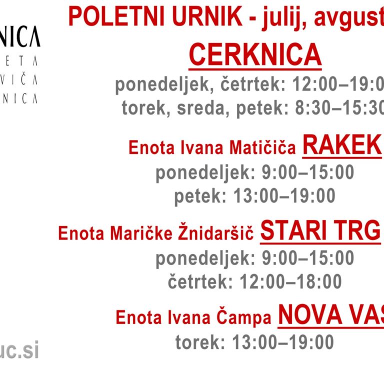 Poletni urnik julij, avgust 2022