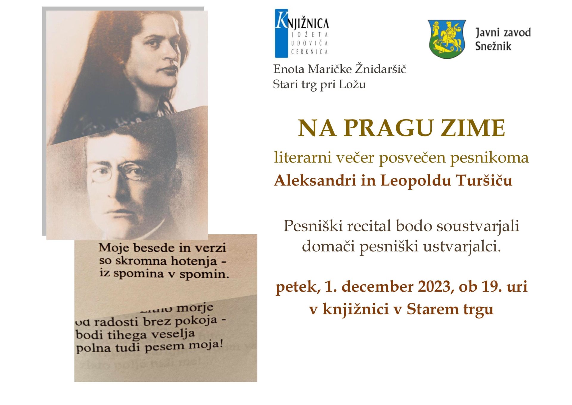 Na pragu zime - literarni večer posvečen pesnikoma Aleksandri in Leopoldu Turšiču
