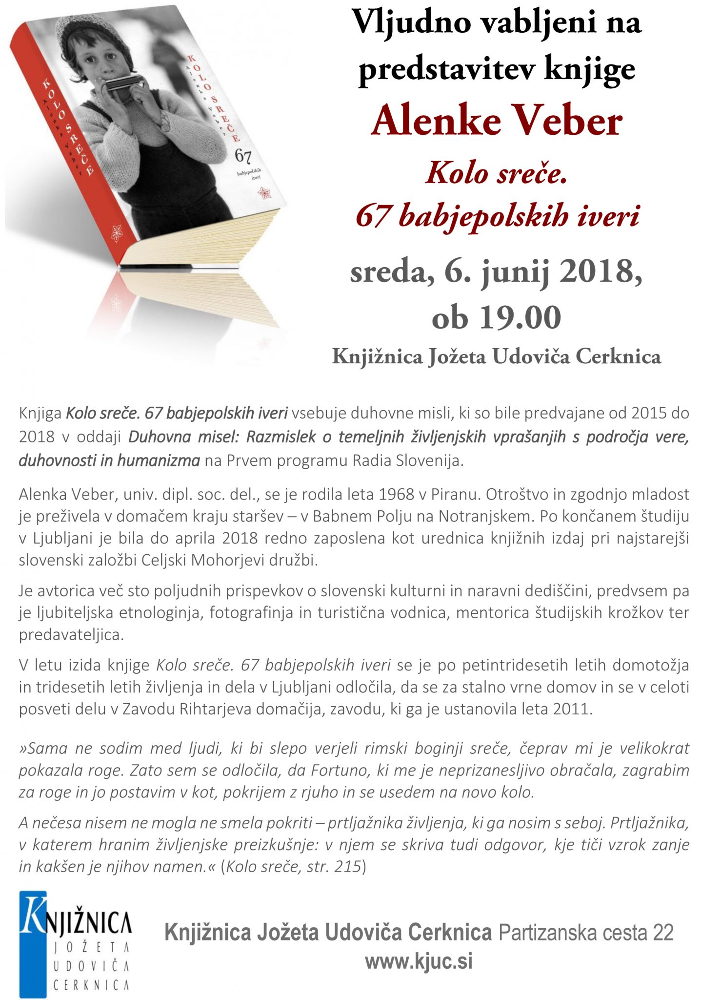 Alenka Veber: Kolo sreče. 67 babjepolskih iveri - predstavitev knjige