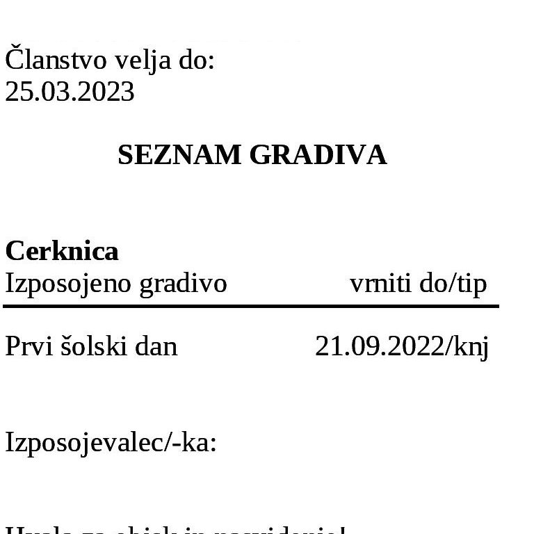 Elektronska zadolžnica s seznamom izposojenega gradiva