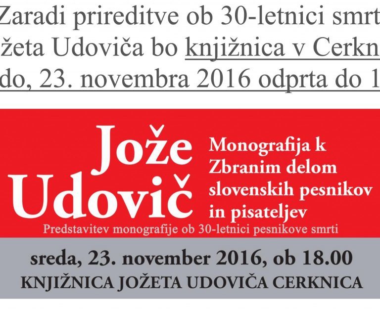 Knjižnica v Cerknici v sredo, 23. novembra 2016 odprta do 18.00