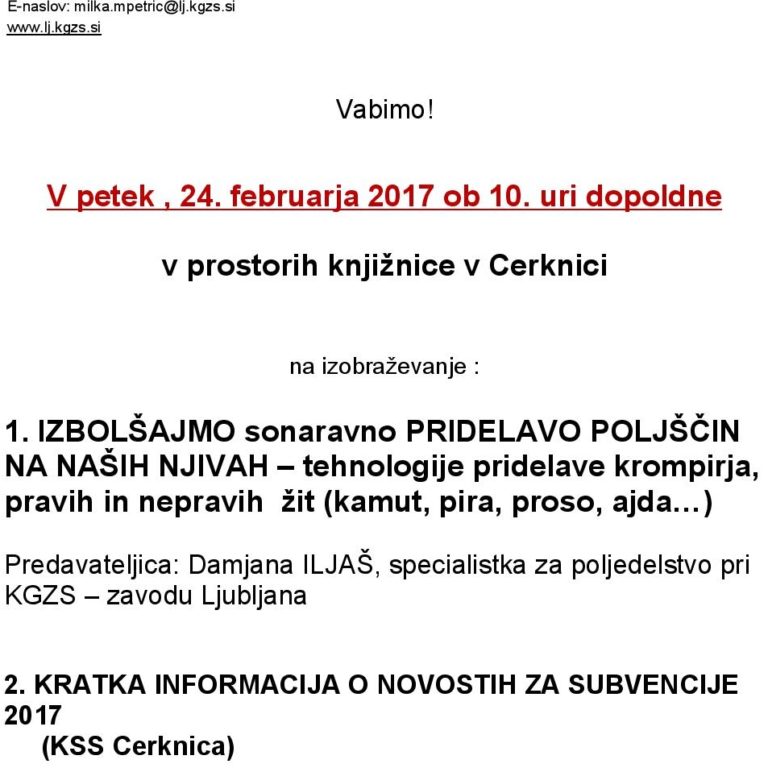 Izboljšajmo sonaravno pridelavo poljščin na naših njivah – predavanje KSS Cerknica, 24. 02. 2017