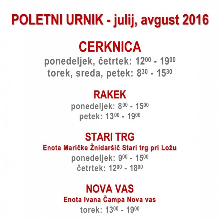 Poletni urnik – julij, avgust 2016