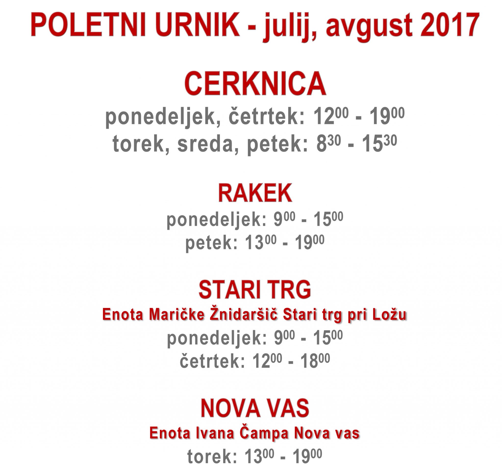 Poletni urnik 2017