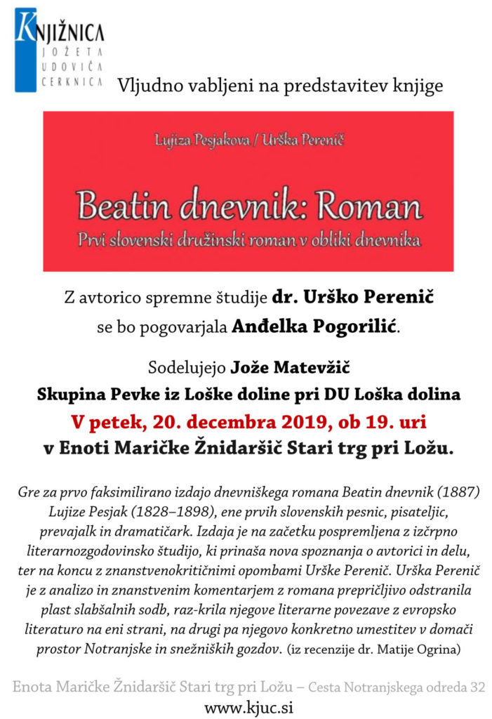 Lujiza Pesjak/Urška Perenič: Beatin dnevnik - predstavitev dnevniškega romana