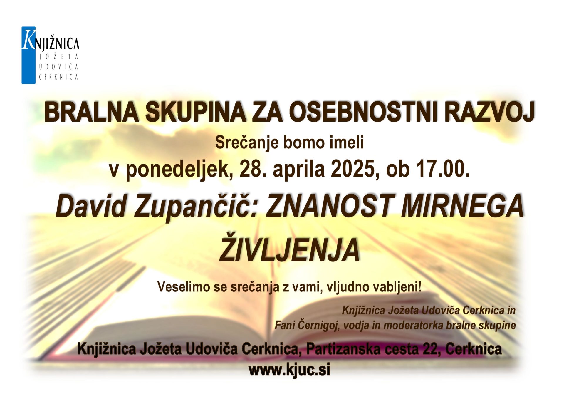 Prestavljeno na 5. maj - Srečanje Bralne skupine za osebnostni razvoj