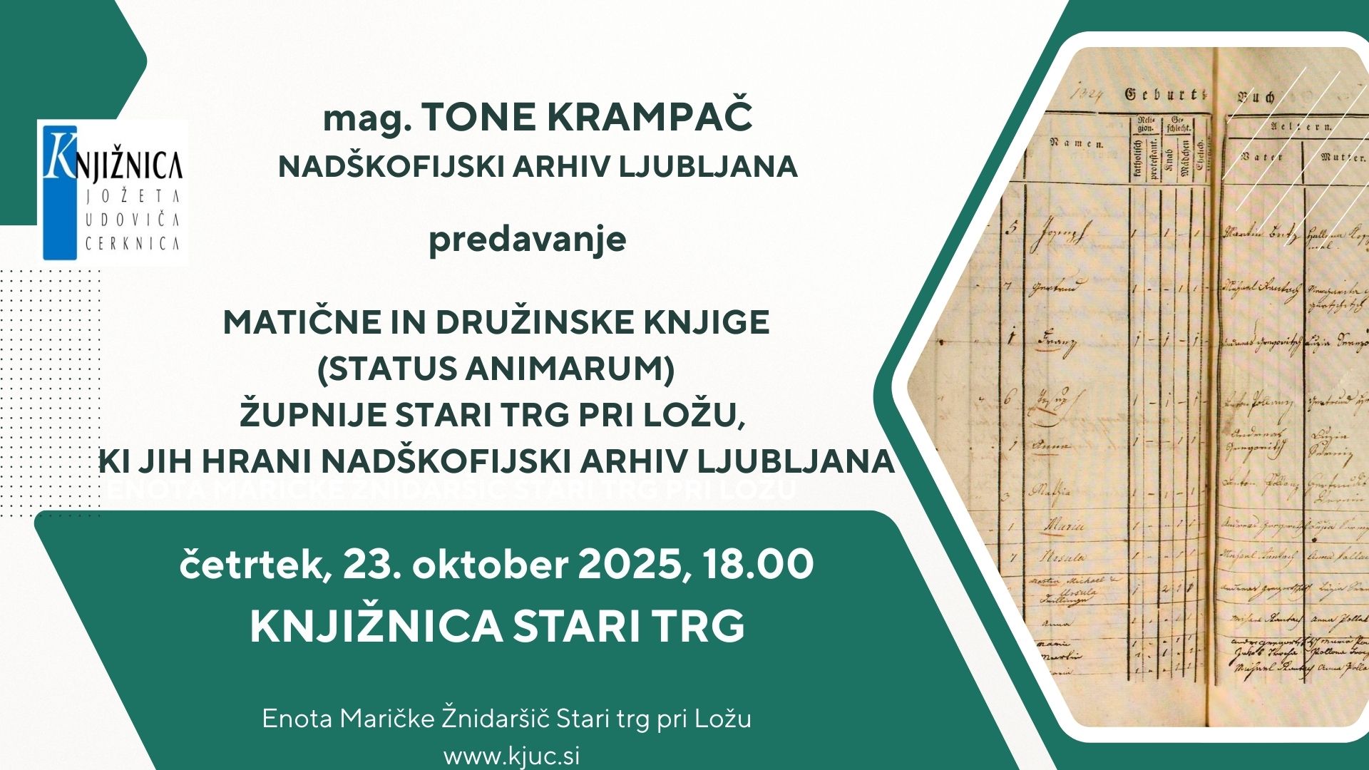 Tone Krampač: Matične in družinske knjige (Status animarum) Župnije Stari trg pri Ložu, ki jih hrani  Nadškofijski arhiv Ljubljana