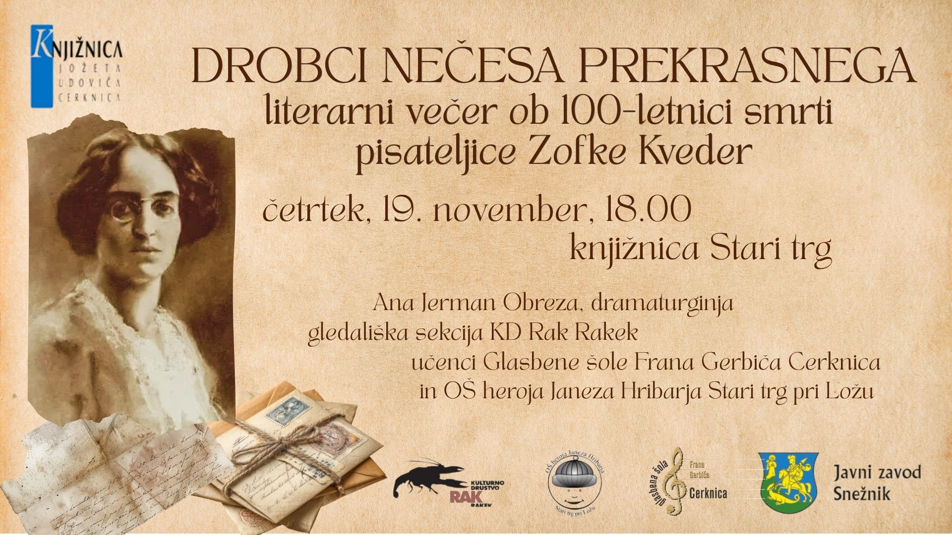 Drobci nečesa prekrasnega - literarni večer ob 100-letnici smrti Zofke Kveder